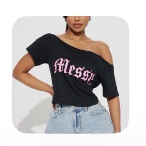 NWOT Black Off Shoulder Crop Top with Pink 'Messy' Print
